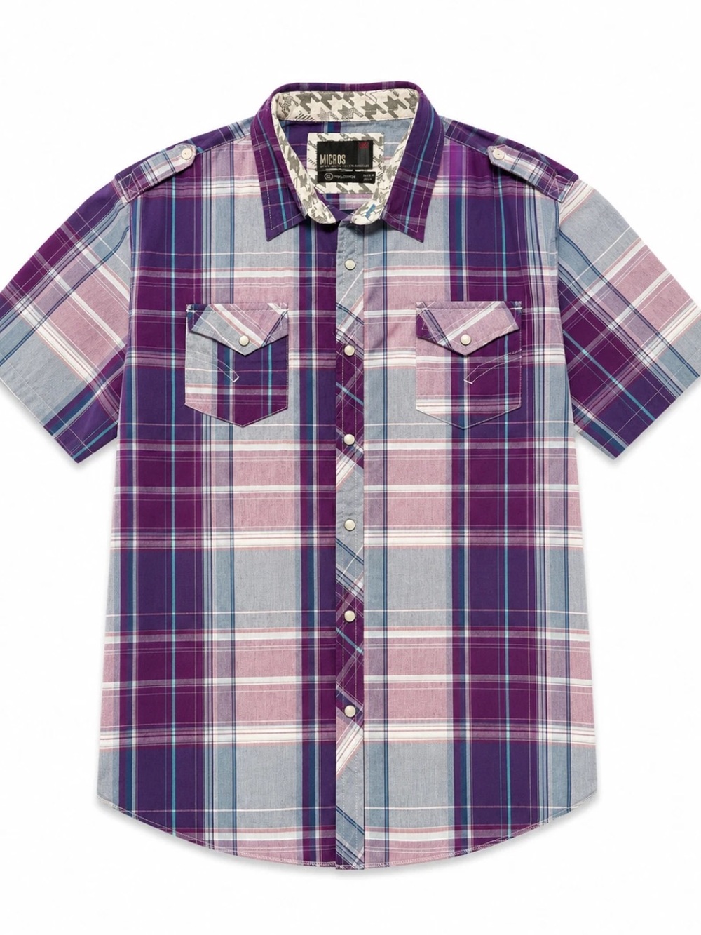 Micros Purple Plaid Short Sleeve Button-Down Shirt